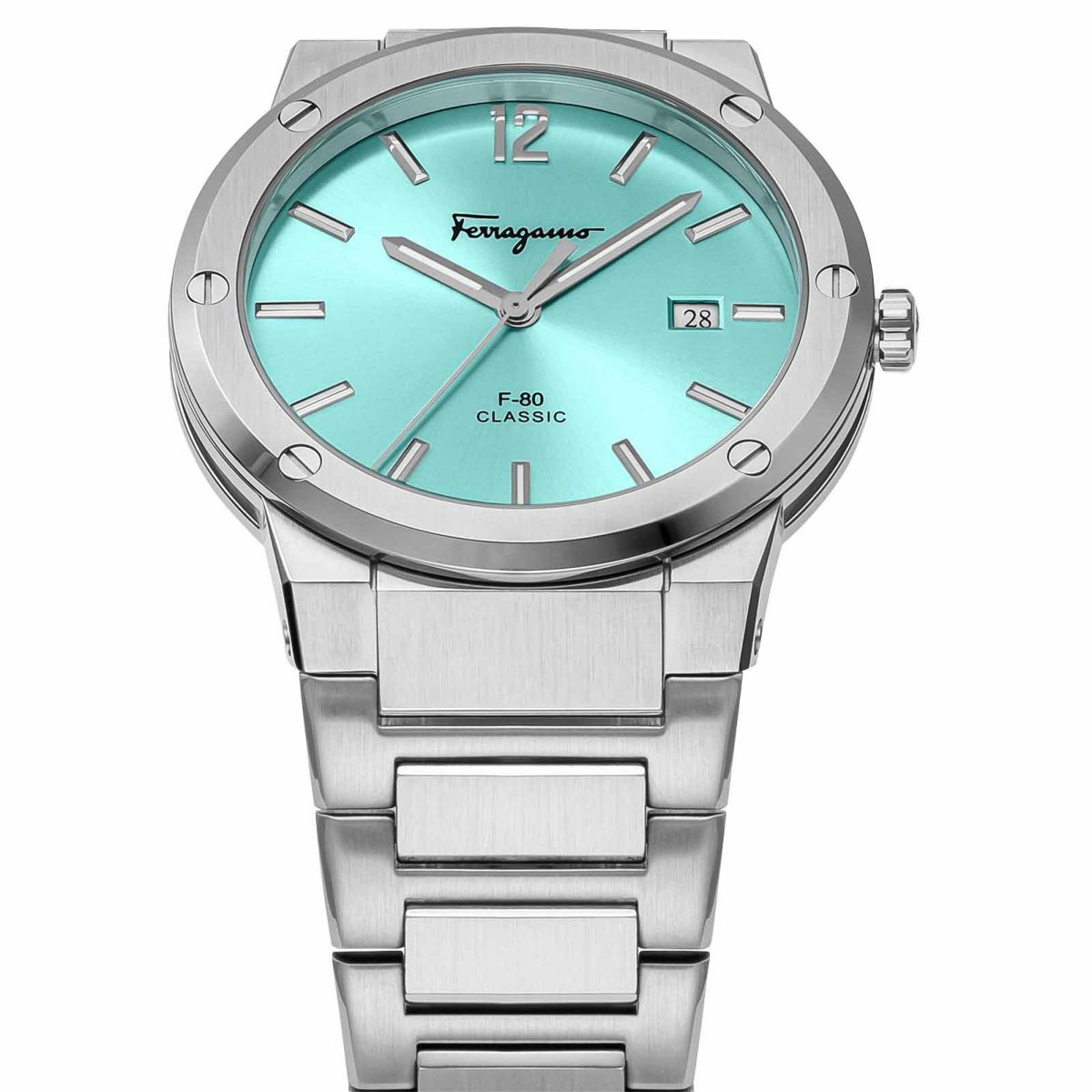 Salvatore Ferragamo F 80 Classic Tiffany Blue Dial Silver Steel Strap Watch For Men Sfdt02323