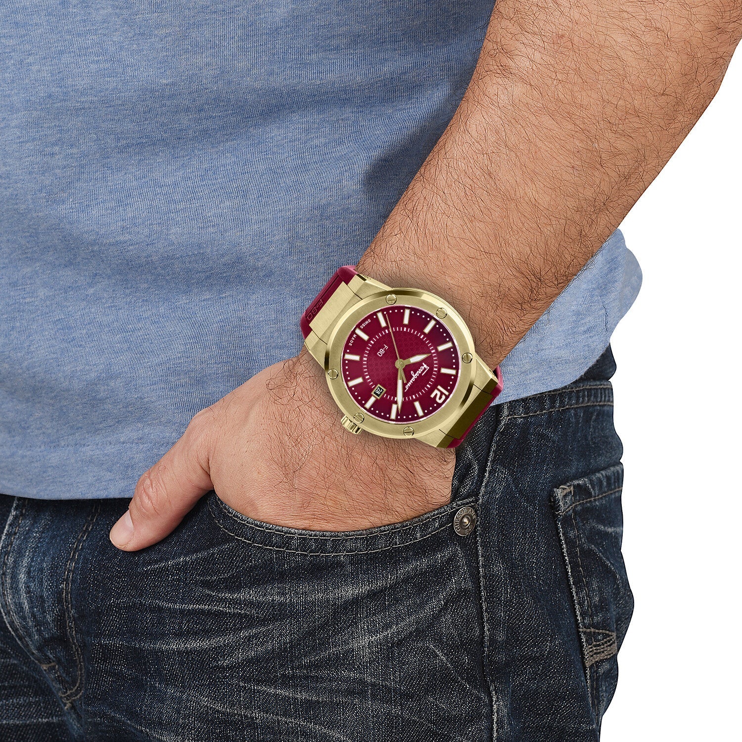 Salvatore Ferragamo F 80 Classic Red Dial Red Rubber Strap Watch For Men Sfhy02422