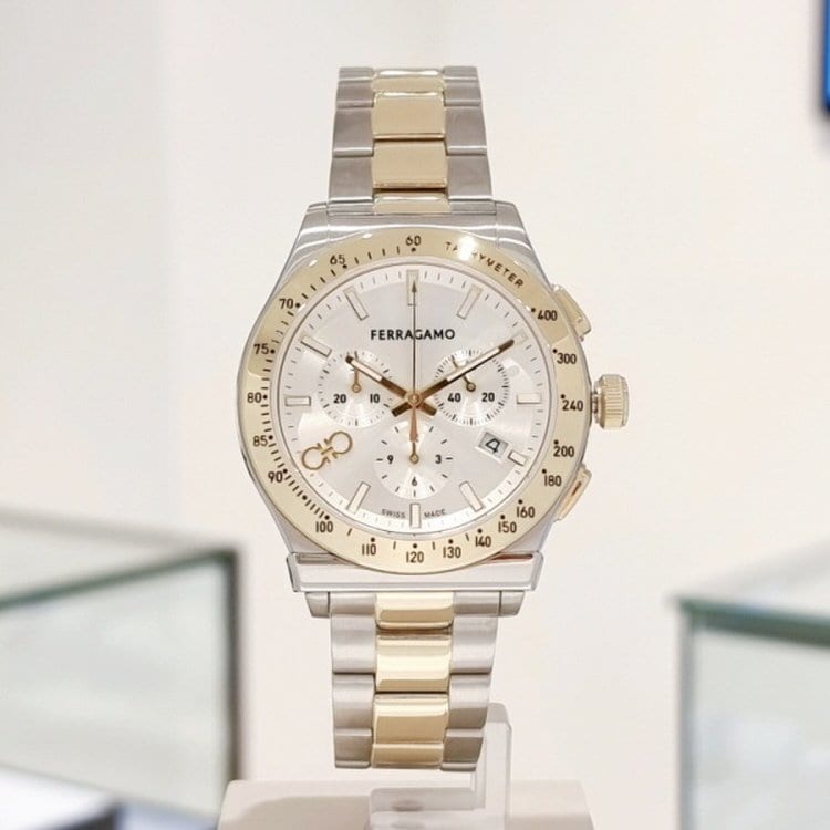 Salvatore Ferragamo 1927 Chrono Silver Dial Two Tone Steel Strap Watch For Men Sfkz00523