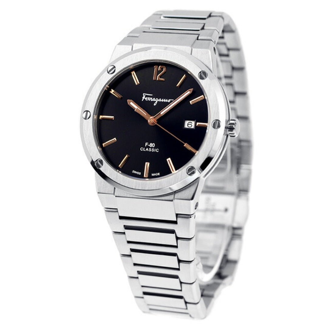 Salvatore Ferragamo F 80 Classic Black Dial Silver Steel Strap Watch For Men Sfdt02423