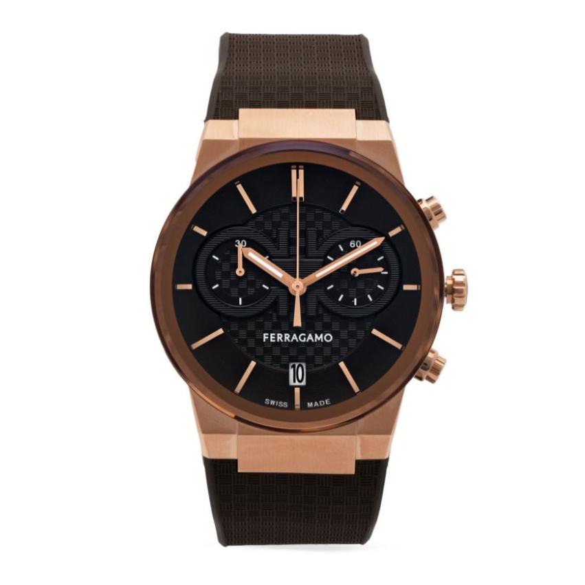 Salvatore Ferragamo Sapphire Chrono Brown Dial Brown Rubber Strap Watch For Men Sfme01023
