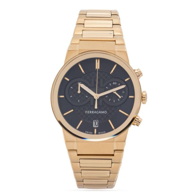Salvatore Ferragamo Sapphire Chrono Black Dial Gold Steel Strap Watch For Men Sfme01323