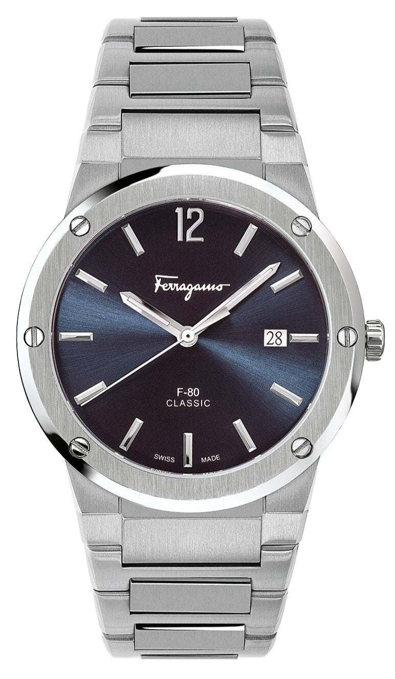 Salvatore Ferragamo F 80 Classic Blue Dial Silver Steel Strap Watch For Men Sfdt01320
