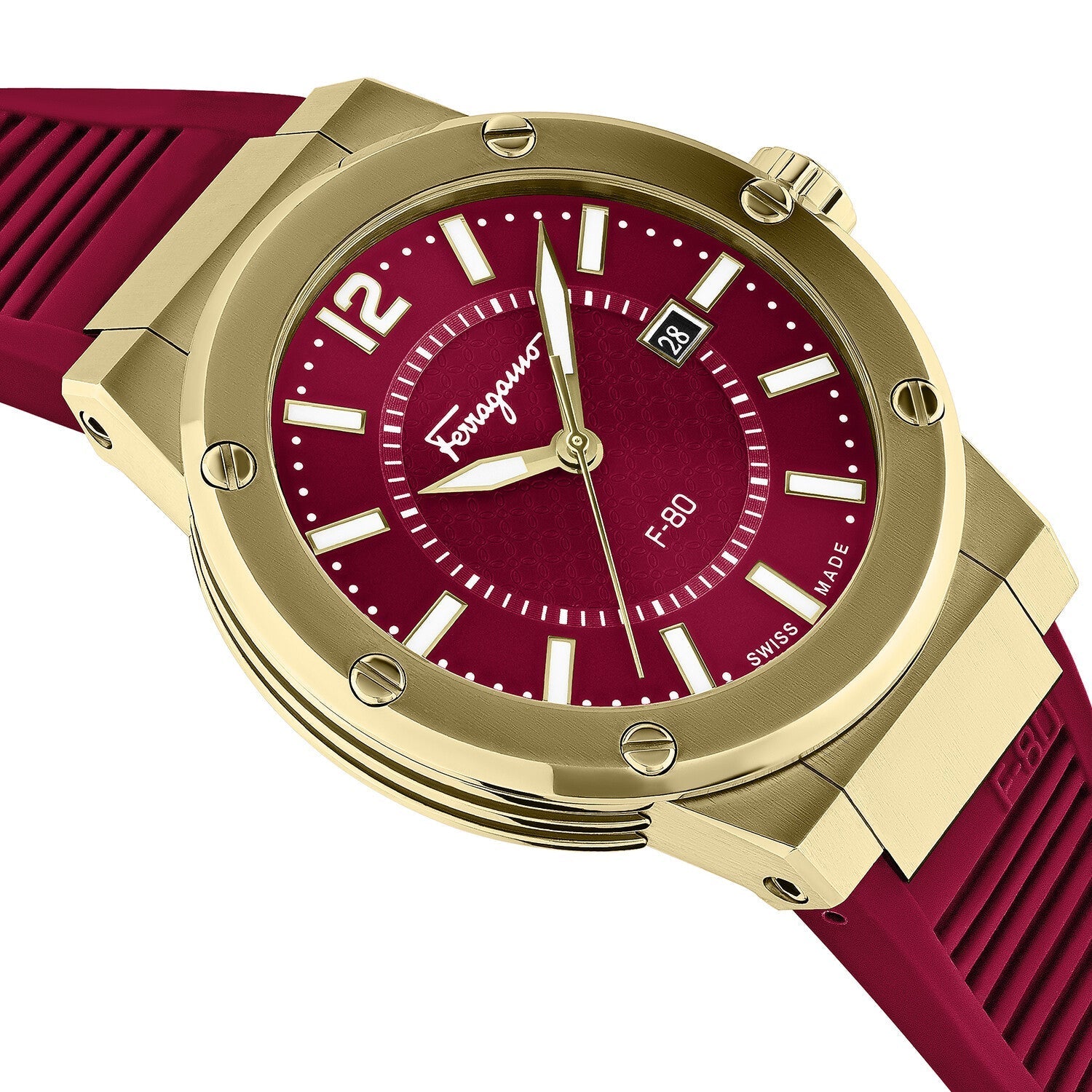 Salvatore Ferragamo F 80 Classic Red Dial Red Rubber Strap Watch For Men Sfhy02422