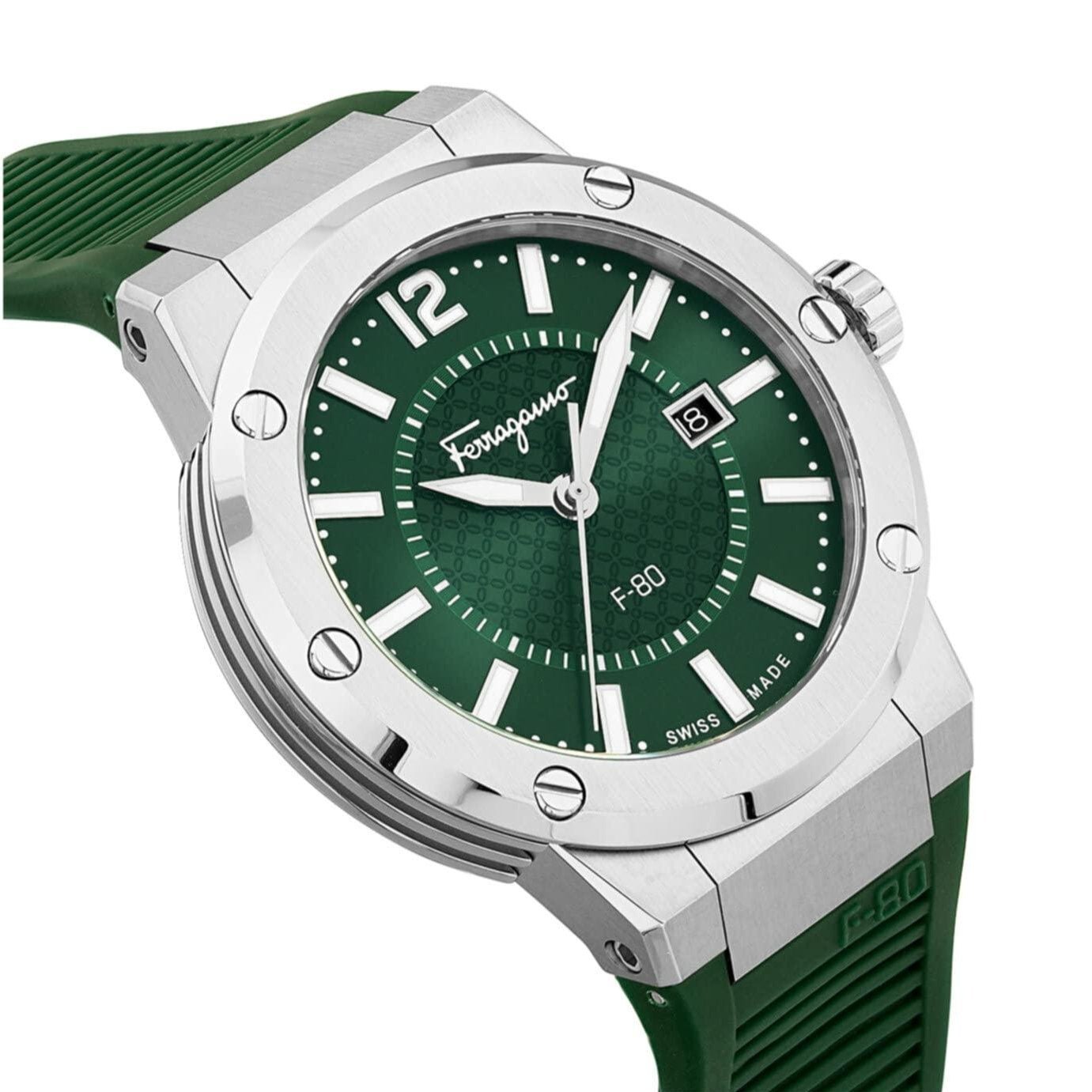 Salvatore Ferragamo F 80 Green Dial Green Rubber Strap Watch For Men Sfhy02722