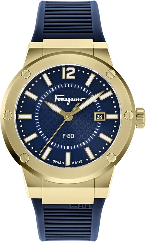 Salvatore Ferragamo F 80 Blue Dial Blue Rubber Strap Watch For Men Sfhy02822