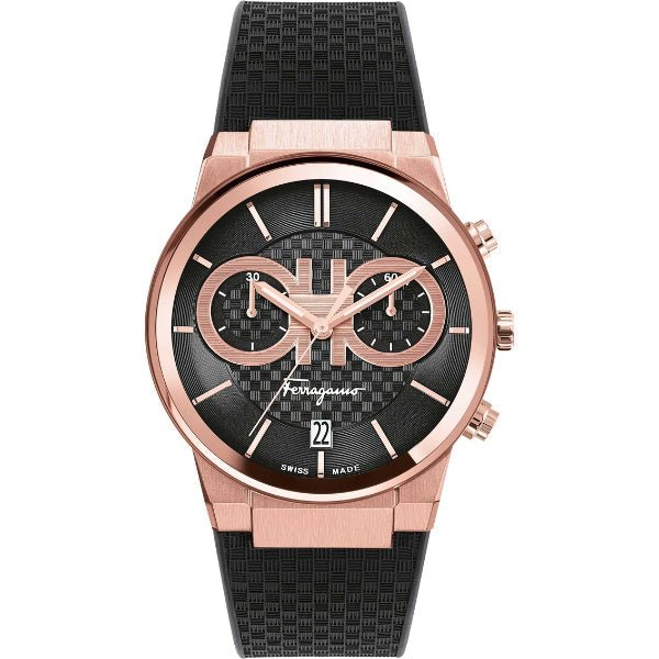 Salvatore Ferragamo Sapphire Chrono Black Dial Black Rubber Strap Watch For Men Sfme00721