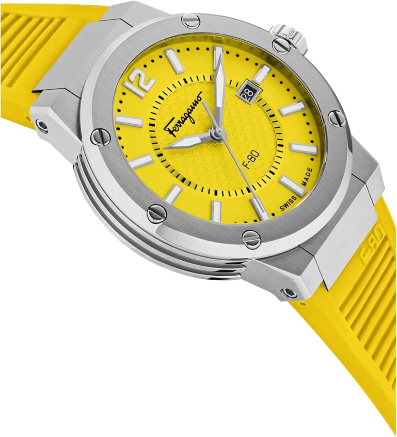 Salvatore Ferragamo F 80 Quartz Yellow Dial Yellow Rubber Strap Watch For Men Sfhy01222