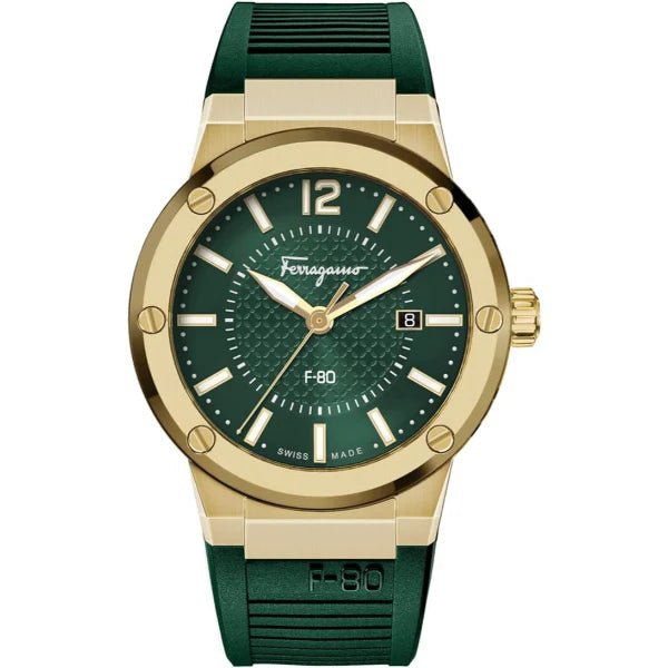 Salvatore Ferragamo F 80 Green Dial Green Rubber Strap Watch For Men Sfhy02022