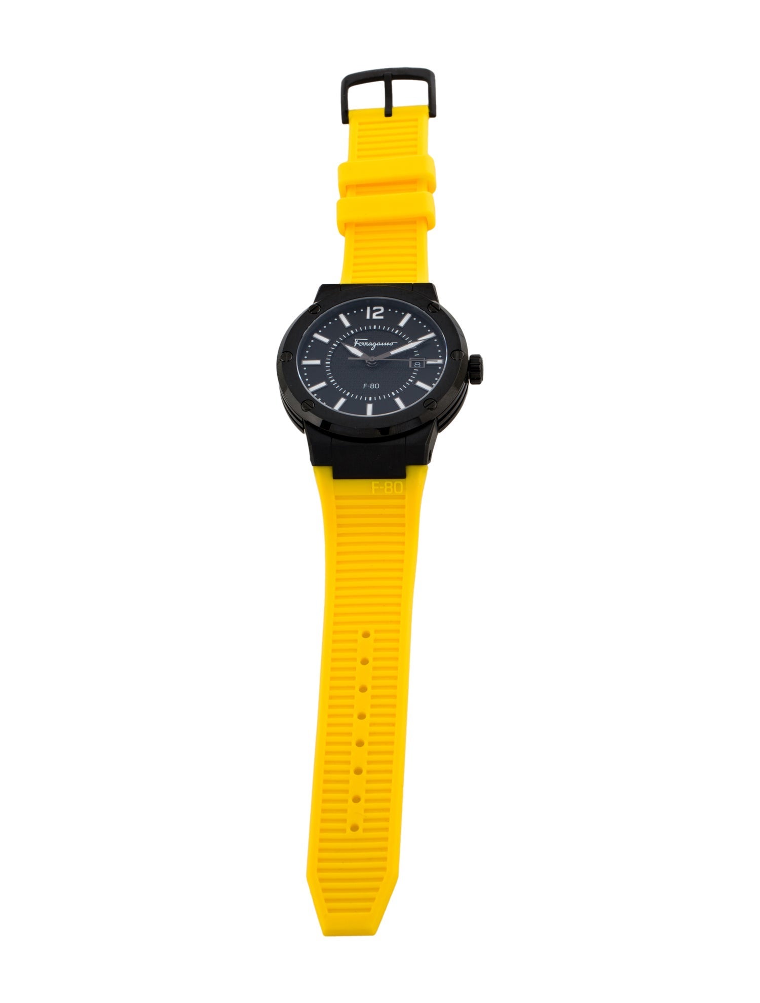 Salvatore Ferragamo F 80 Quartz Black Dial Yellow Rubber Strap Watch For Men Sfhy01522