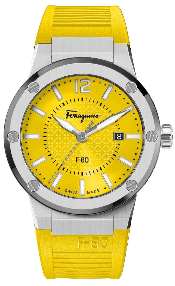 Salvatore Ferragamo F 80 Quartz Yellow Dial Yellow Rubber Strap Watch For Men Sfhy01222