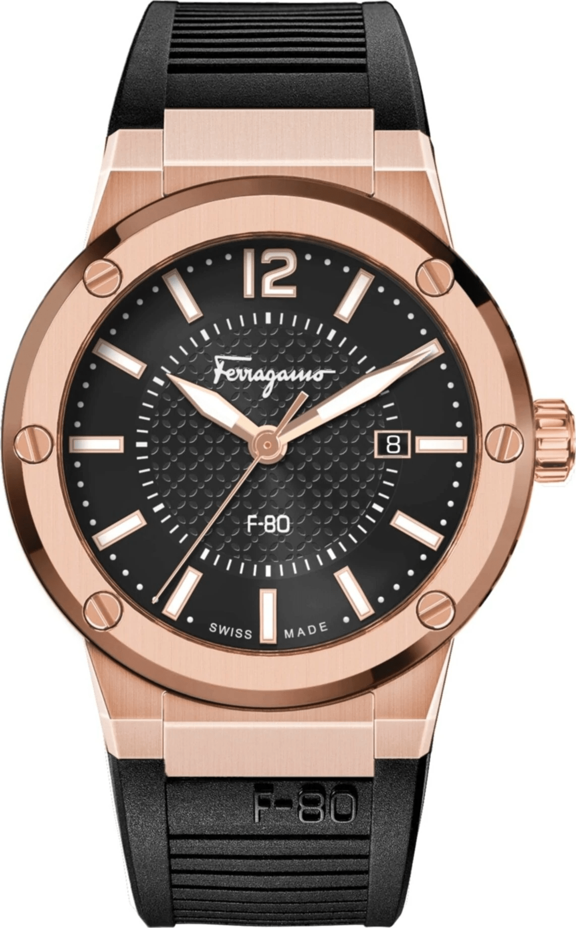 Salvatore Ferragamo F 80 Black Dial Black Rubber Strap Watch For Men Sfhy02522