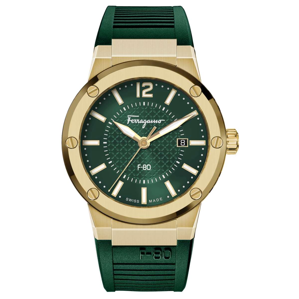 Salvatore Ferragamo F 80 Green Dial Green Rubber Strap Watch For Men Sfhy02022