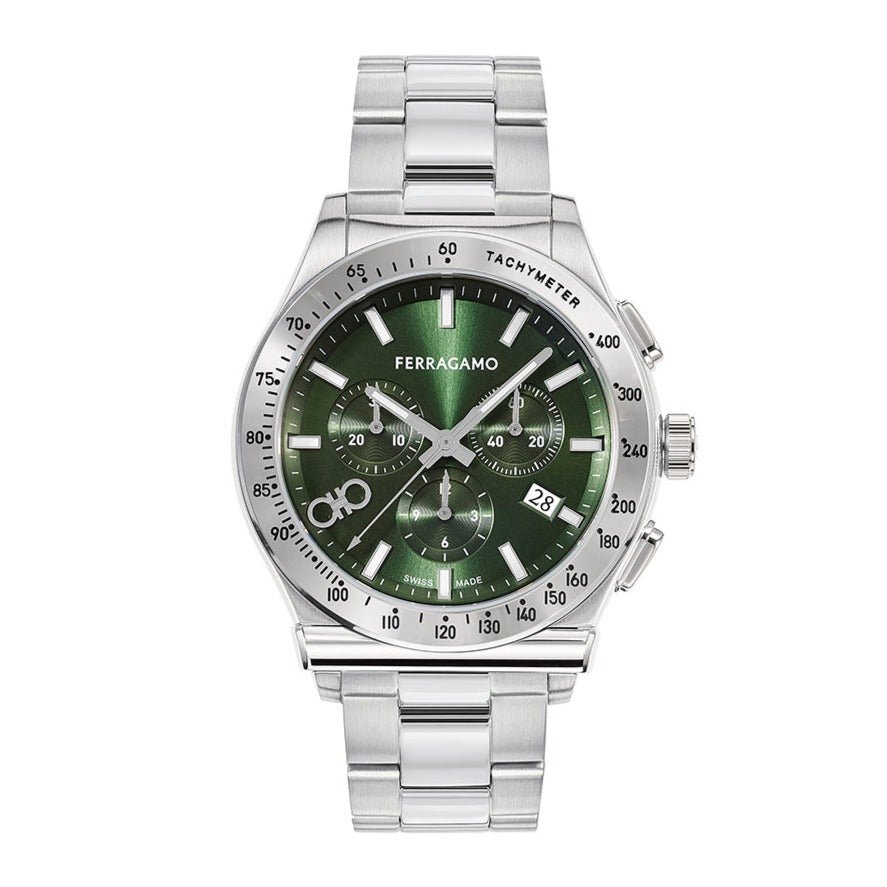 Salvatore Ferragamo 1927 Chrono Green Dial Silver Steel Strap Watch For Men Sfkz00423