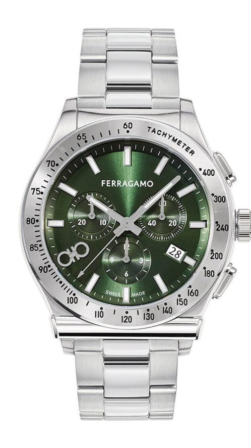 Salvatore Ferragamo 1927 Chrono Green Dial Silver Steel Strap Watch For Men Sfkz00423