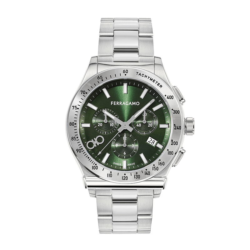 Salvatore Ferragamo 1927 Chrono Green Dial Silver Steel Strap Watch For Men Sfkz00423