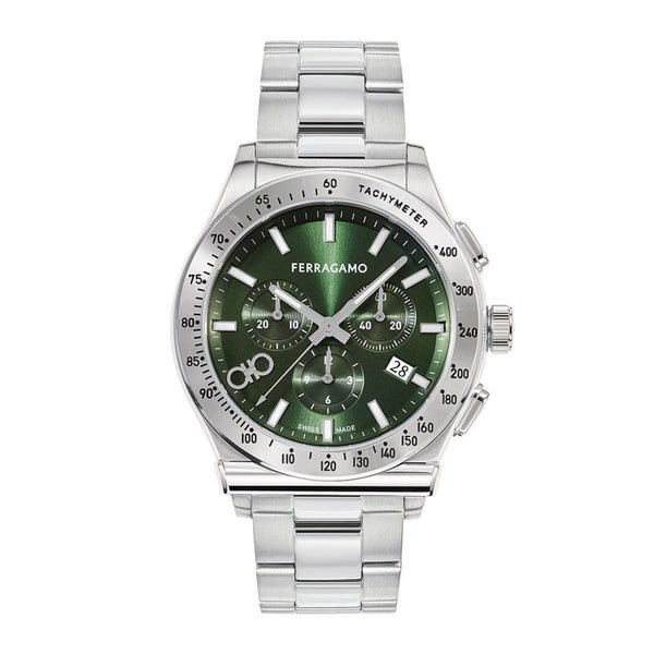 Salvatore Ferragamo 1927 Chrono Green Dial Silver Steel Strap Watch For Men Sfkz00423