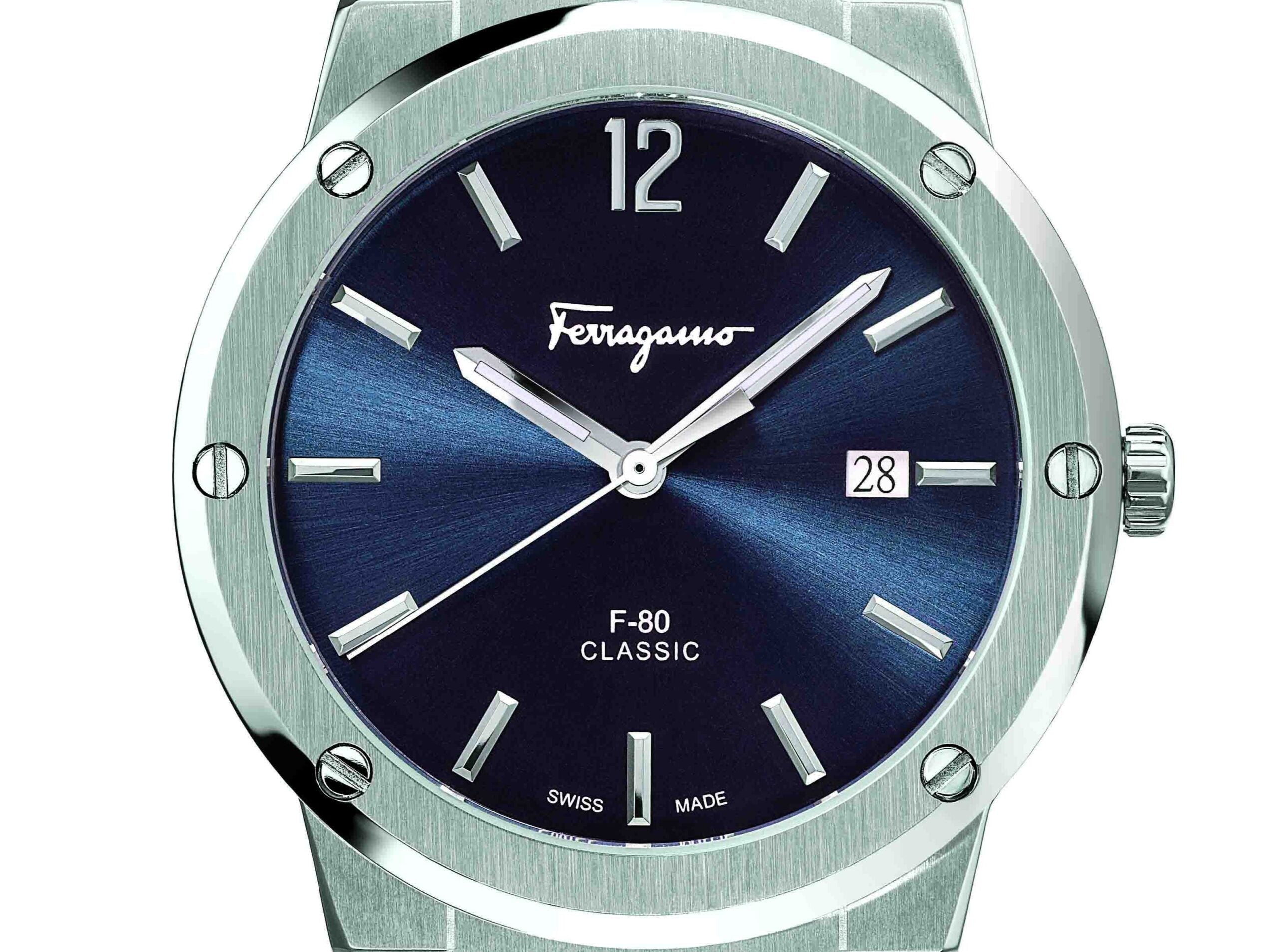 Salvatore Ferragamo F 80 Classic Blue Dial Silver Steel Strap Watch For Men Sfdt01320