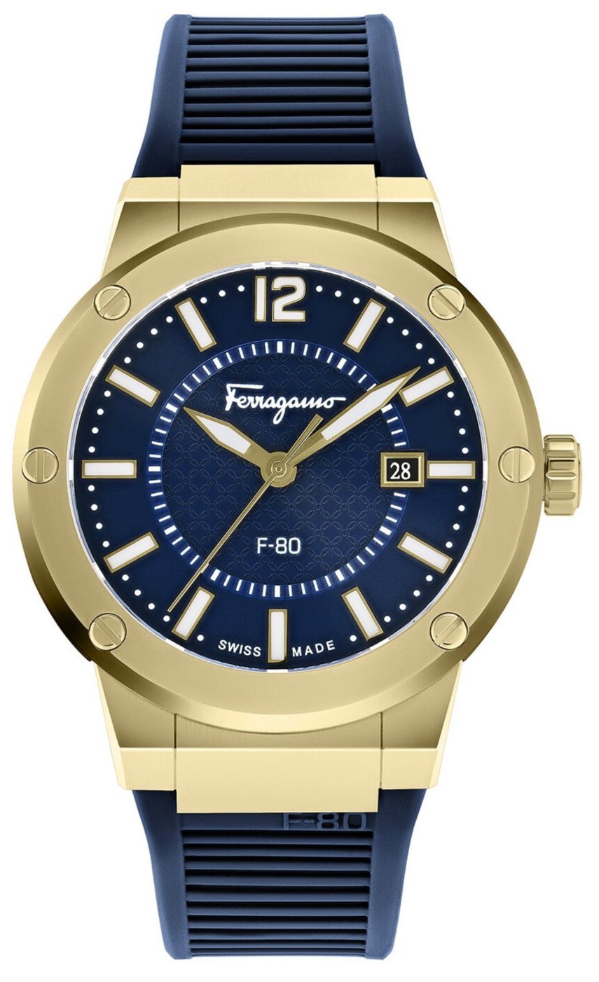 Salvatore Ferragamo F 80 Blue Dial Blue Rubber Strap Watch For Men Sfhy02822