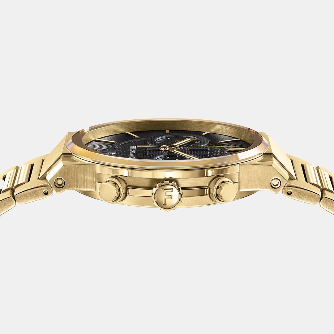 Salvatore Ferragamo Sapphire Chrono Black Dial Gold Steel Strap Watch For Men Sfme01323