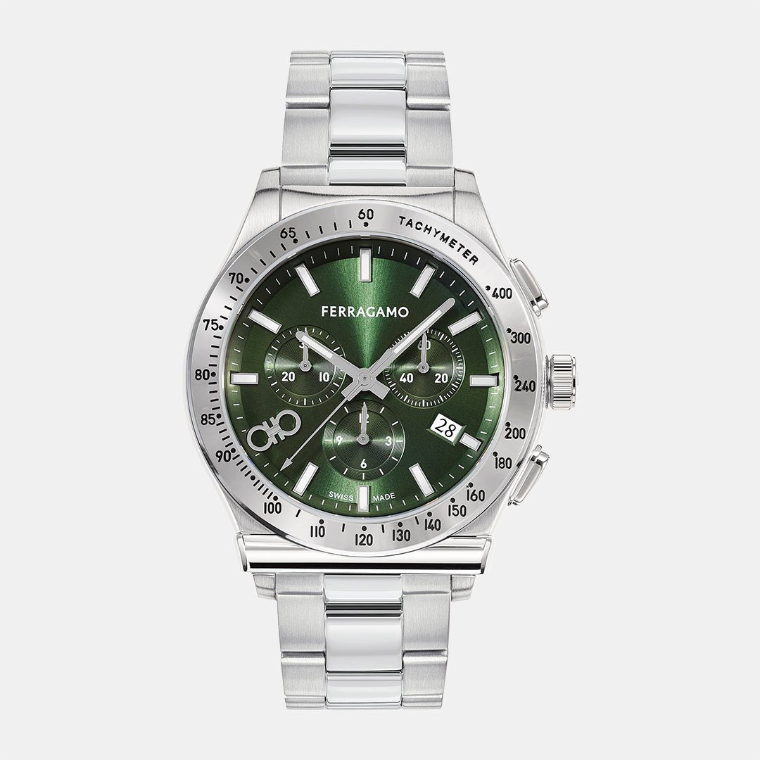 Salvatore Ferragamo 1927 Chrono Green Dial Silver Steel Strap Watch For Men Sfkz00423