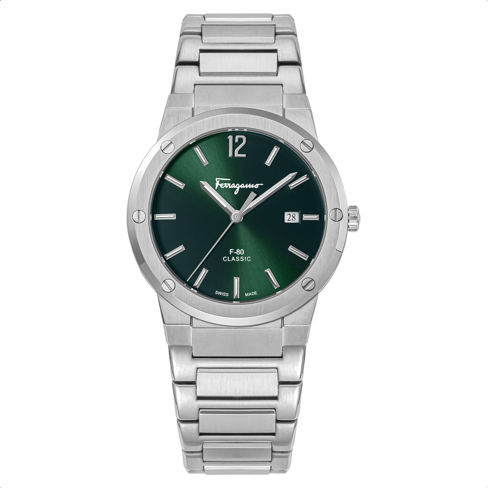 Salvatore Ferragamo F 80 Classic Green Dial Silver Steel Strap Watch For Men Sfdt02123
