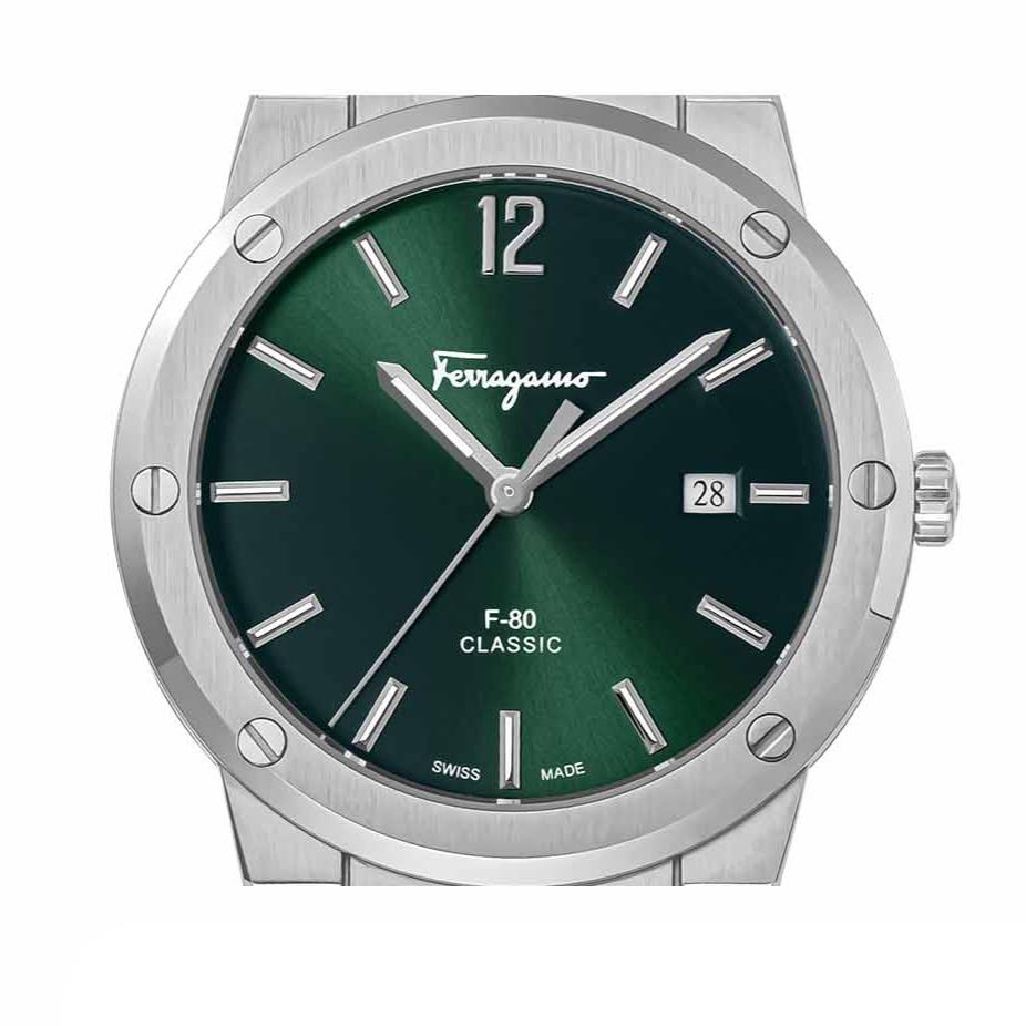 Salvatore Ferragamo F 80 Classic Green Dial Silver Steel Strap Watch For Men Sfdt02123