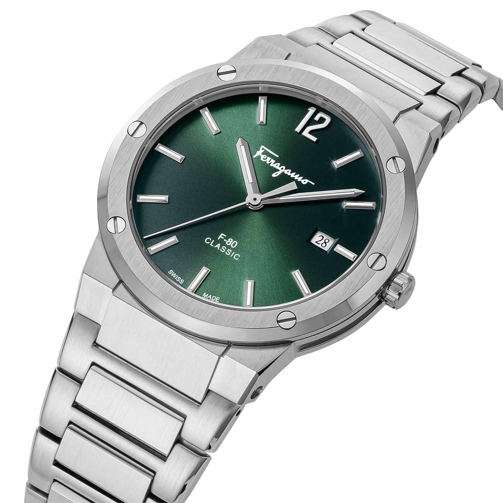 Salvatore Ferragamo F 80 Classic Green Dial Silver Steel Strap Watch For Men Sfdt02123