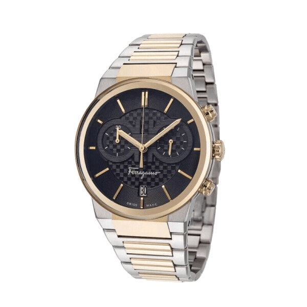 Salvatore Ferragamo F 80 Classic Black Dial Two Tone Steel Strap Watch For Men Sfme00921