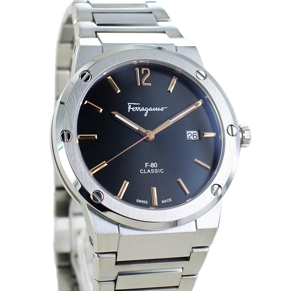 Salvatore Ferragamo F 80 Classic Black Dial Silver Steel Strap Watch For Men Sfdt02423
