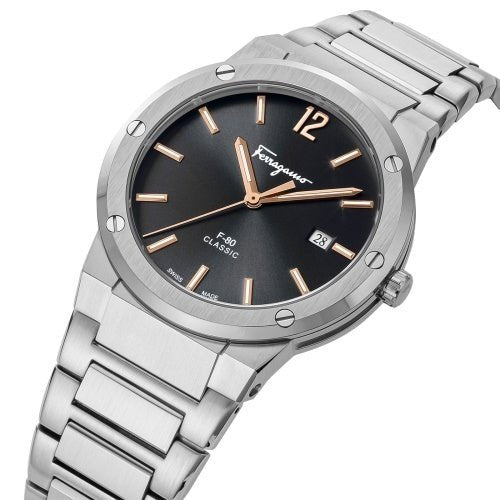 Salvatore Ferragamo F 80 Classic Black Dial Silver Steel Strap Watch For Men Sfdt02423