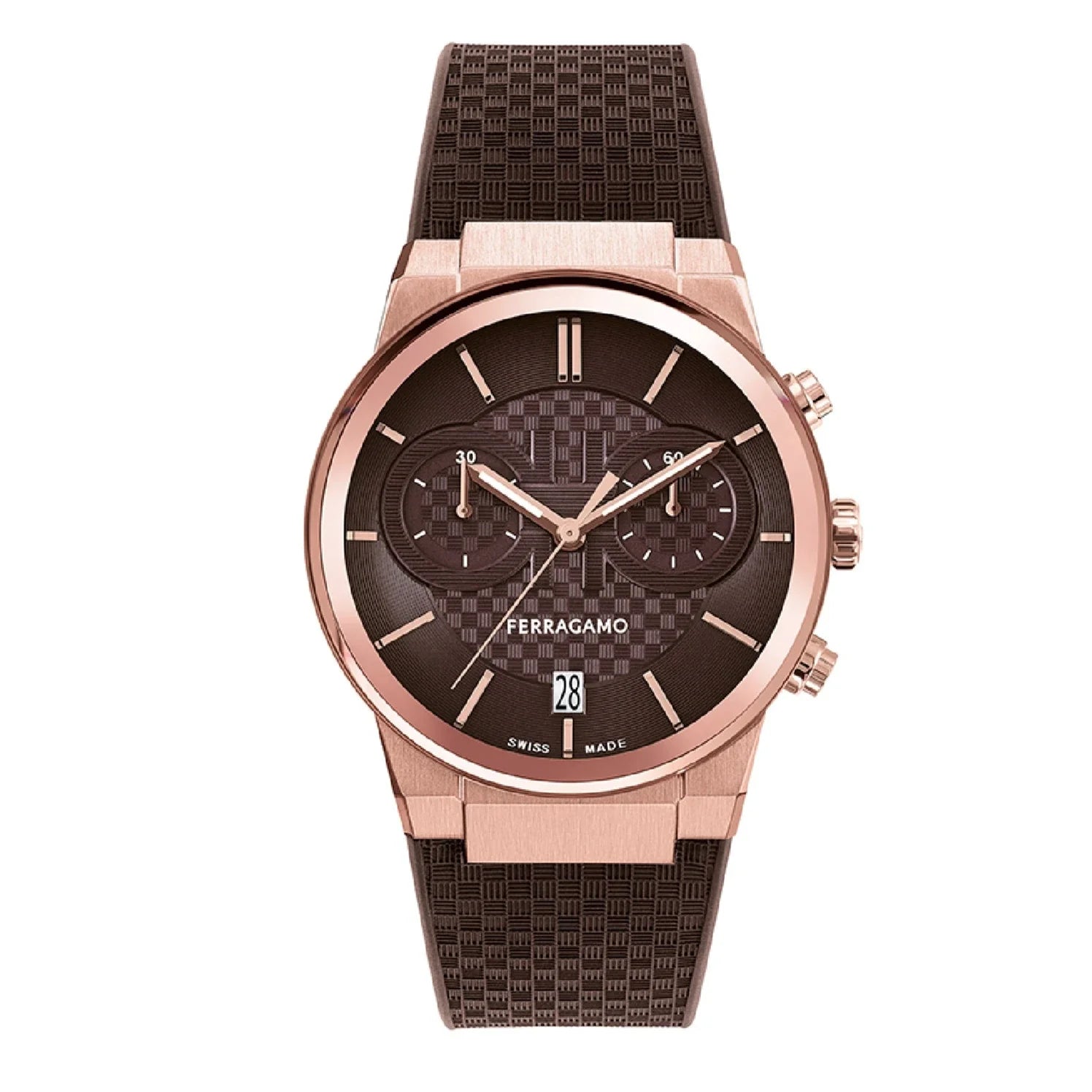 Salvatore Ferragamo Sapphire Chrono Brown Dial Brown Rubber Strap Watch For Men Sfme01023