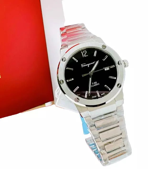 Salvatore Ferragamo F 80 Classic Black Dial Silver Steel Strap Watch For Men Sfdt00239