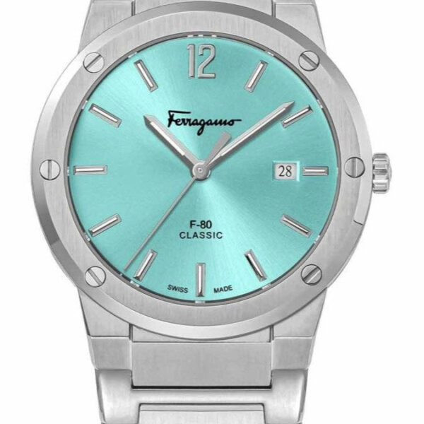 Salvatore Ferragamo F 80 Classic Tiffany Blue Dial Silver Steel Strap Watch For Men Sfdt02323