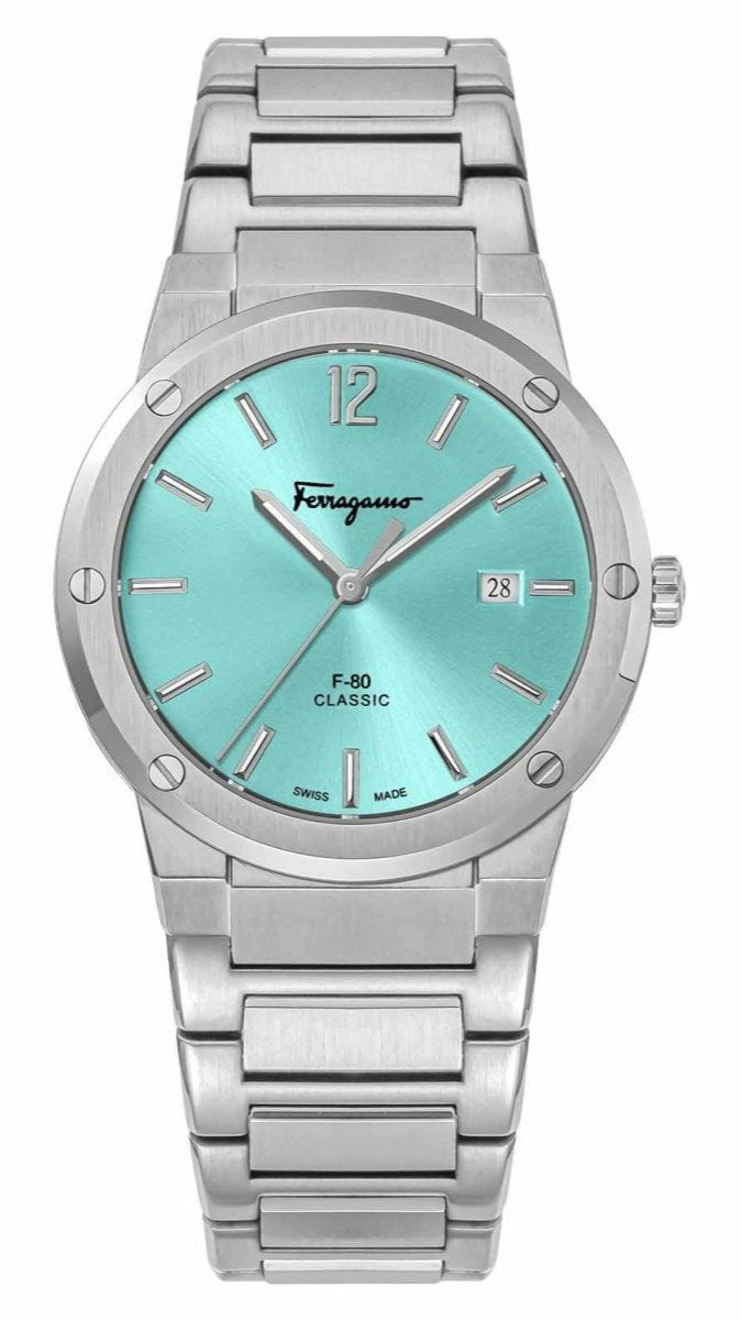 Salvatore Ferragamo F 80 Classic Tiffany Blue Dial Silver Steel Strap Watch For Men Sfdt02323