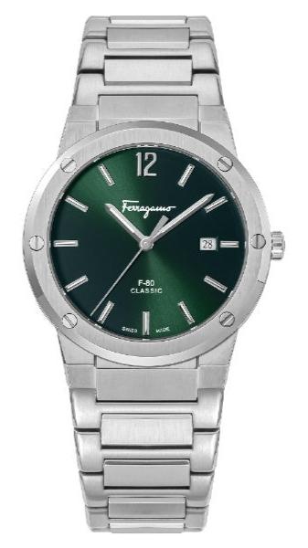 Salvatore Ferragamo F 80 Classic horloge met groene wijzerplaat en zilveren stalen band voor heren (SFDT02123)