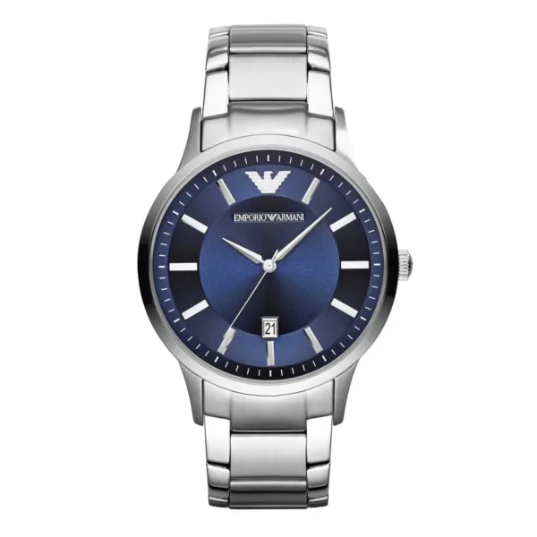 Emporio Armani Mens Ar11180 Silver Tone Stainless Steel Watch With Blue Dial