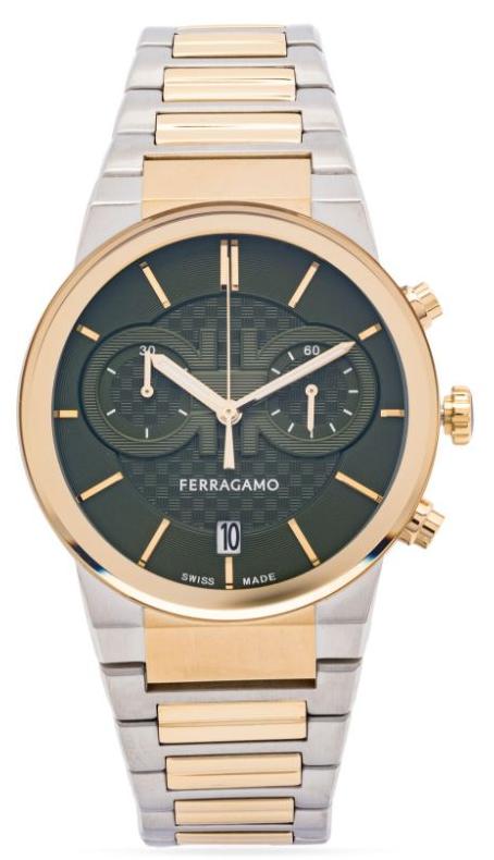 Salvatore Ferragamo Sapphire Chrono Black Dial Two Tone Steel Strap Watch For Men Sfme01223