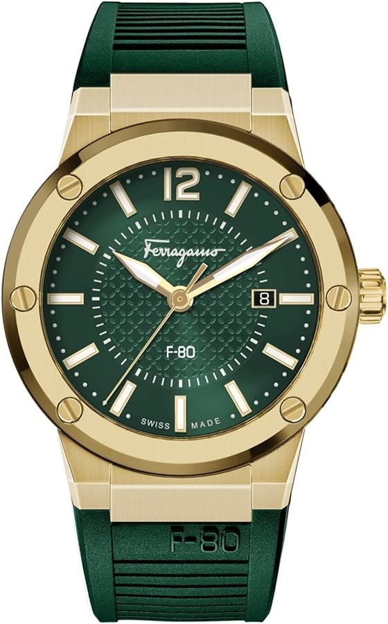 Salvatore Ferragamo F 80 Green Dial Green Rubber Strap Watch For Men Sfhy02022