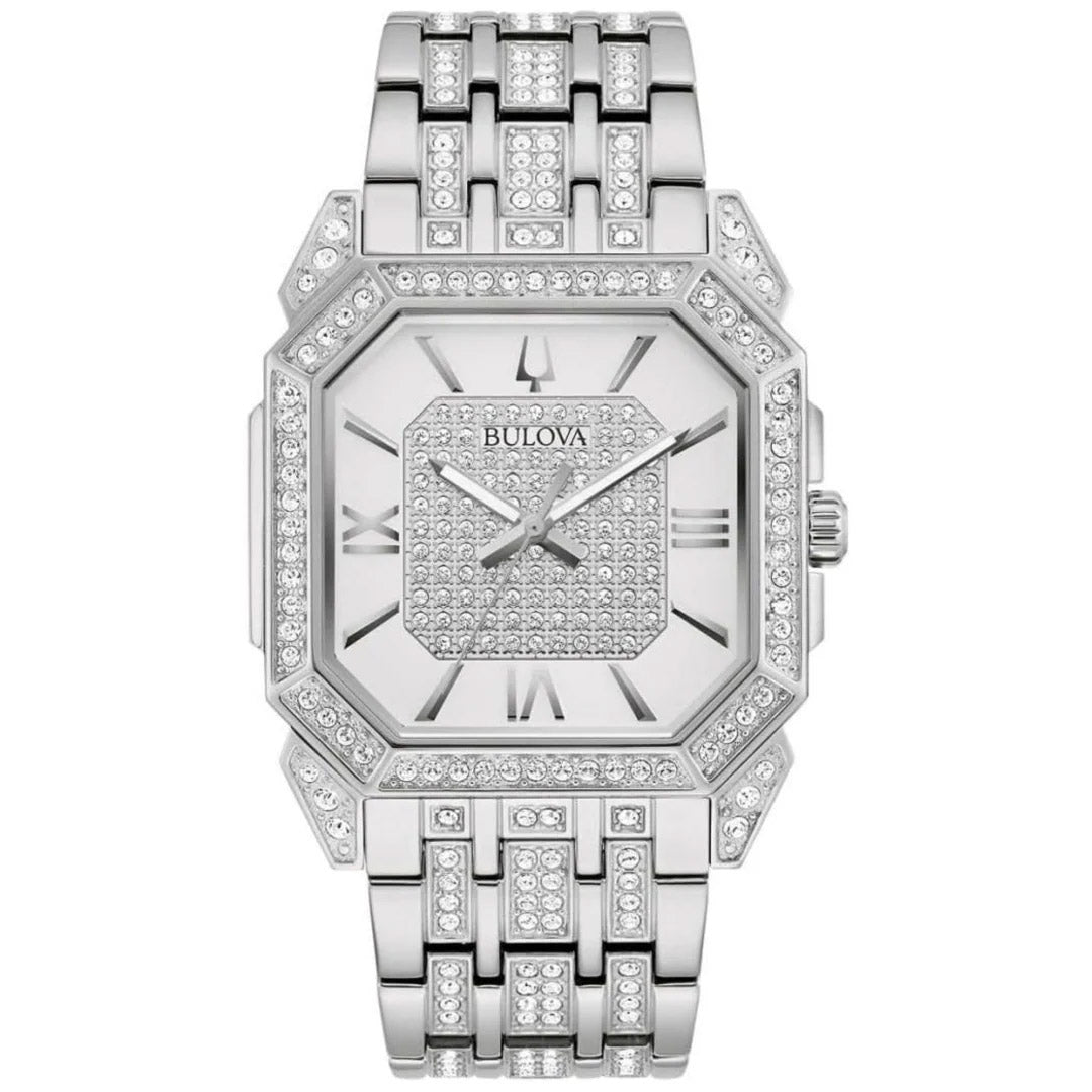 Bulova Crystal Mens Silver Watch 96a285