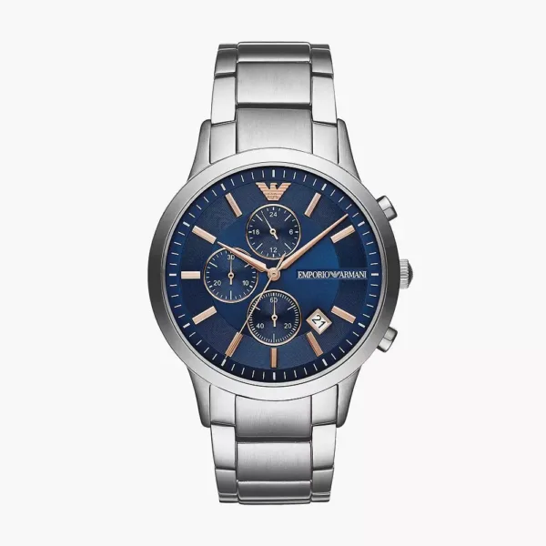 Emporio Armani Mens Ar11458 Rose Gold Tone Stainless Steel And Blue Leather Watch