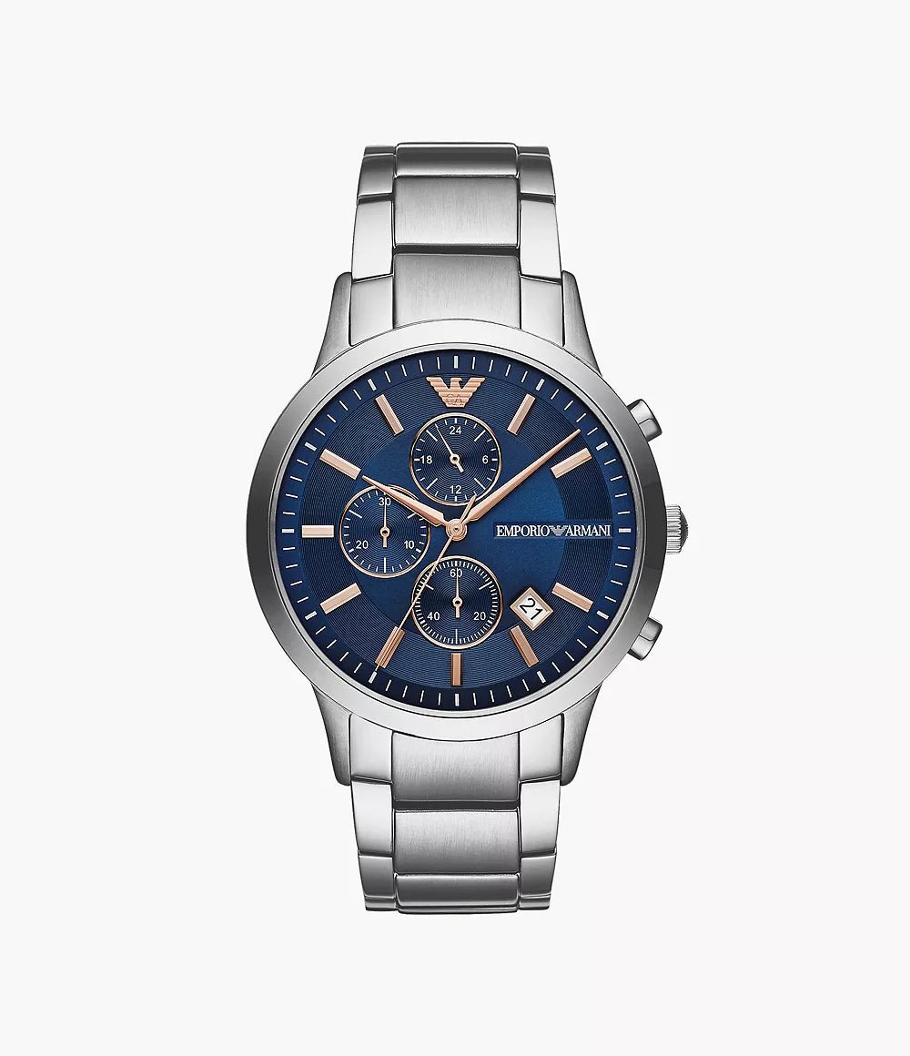 Emporio Armani Mens Ar11458 Rose Gold Tone Stainless Steel And Blue Leather Watch
