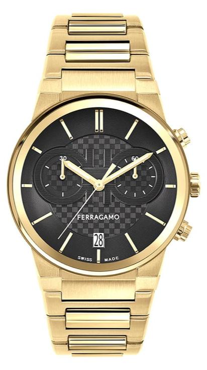 Salvatore Ferragamo Sapphire Chrono Black Dial Gold Steel Strap Watch For Men Sfme01323