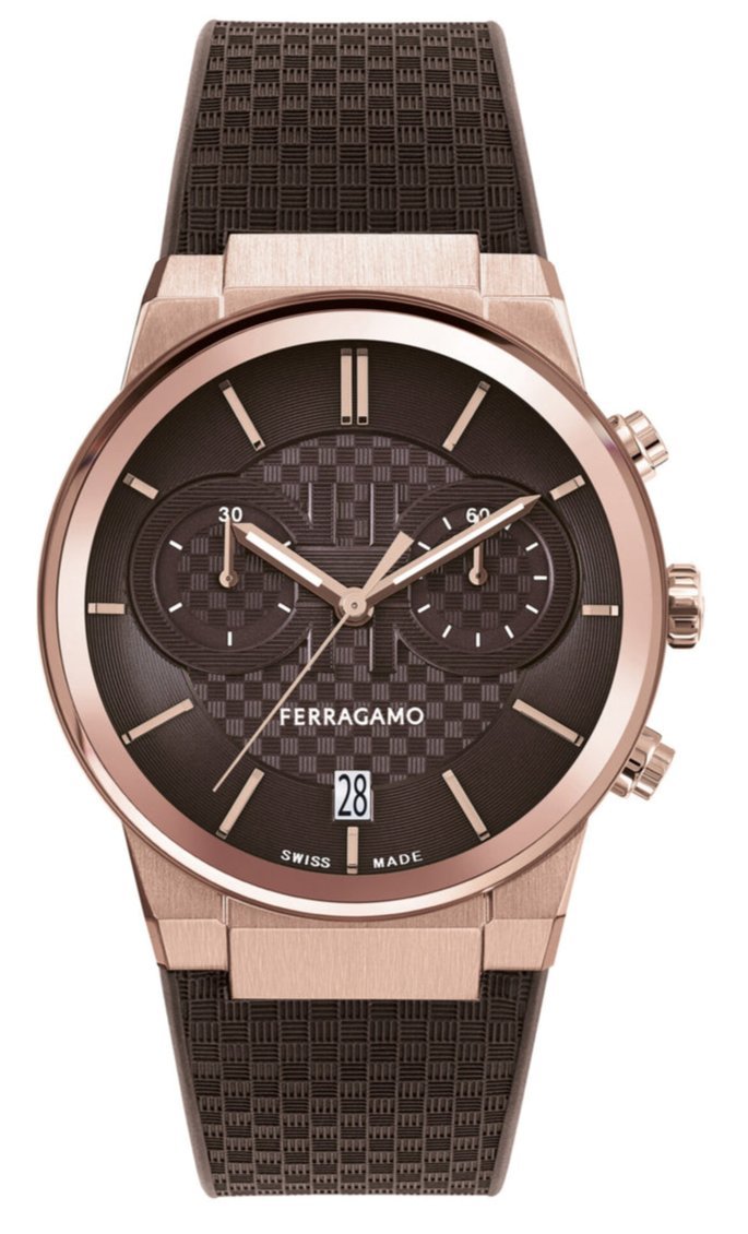 Salvatore Ferragamo Sapphire Chrono Brown Dial Brown Rubber Strap Watch For Men Sfme01023