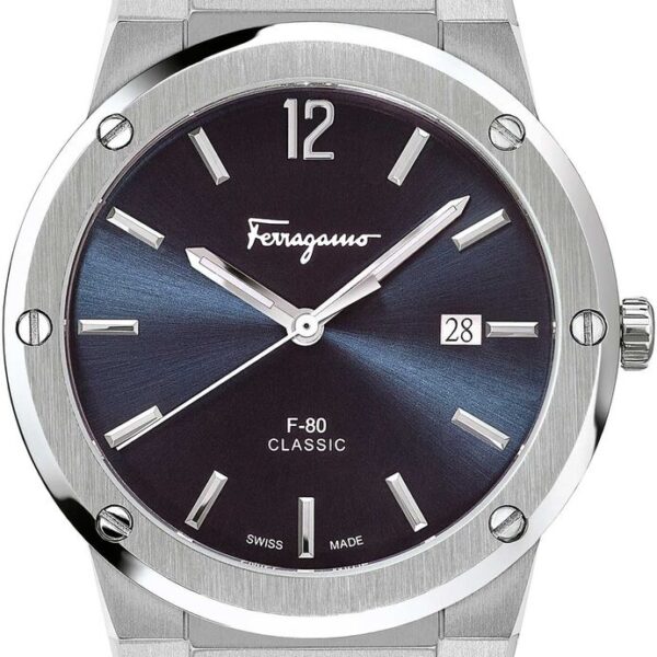 Salvatore Ferragamo F 80 Classic horloge met blauwe wijzerplaat en zilveren stalen band voor heren (SFDT01320)