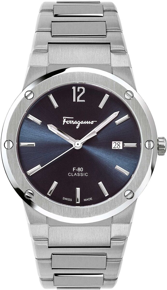 Salvatore Ferragamo F 80 Classic Blue Dial Silver Steel Strap Watch For Men Sfdt01320