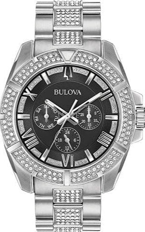 Bulova Crystal Collection Chronograph Black Dial Two Tone Steel Strap Watch For Men 96c126
