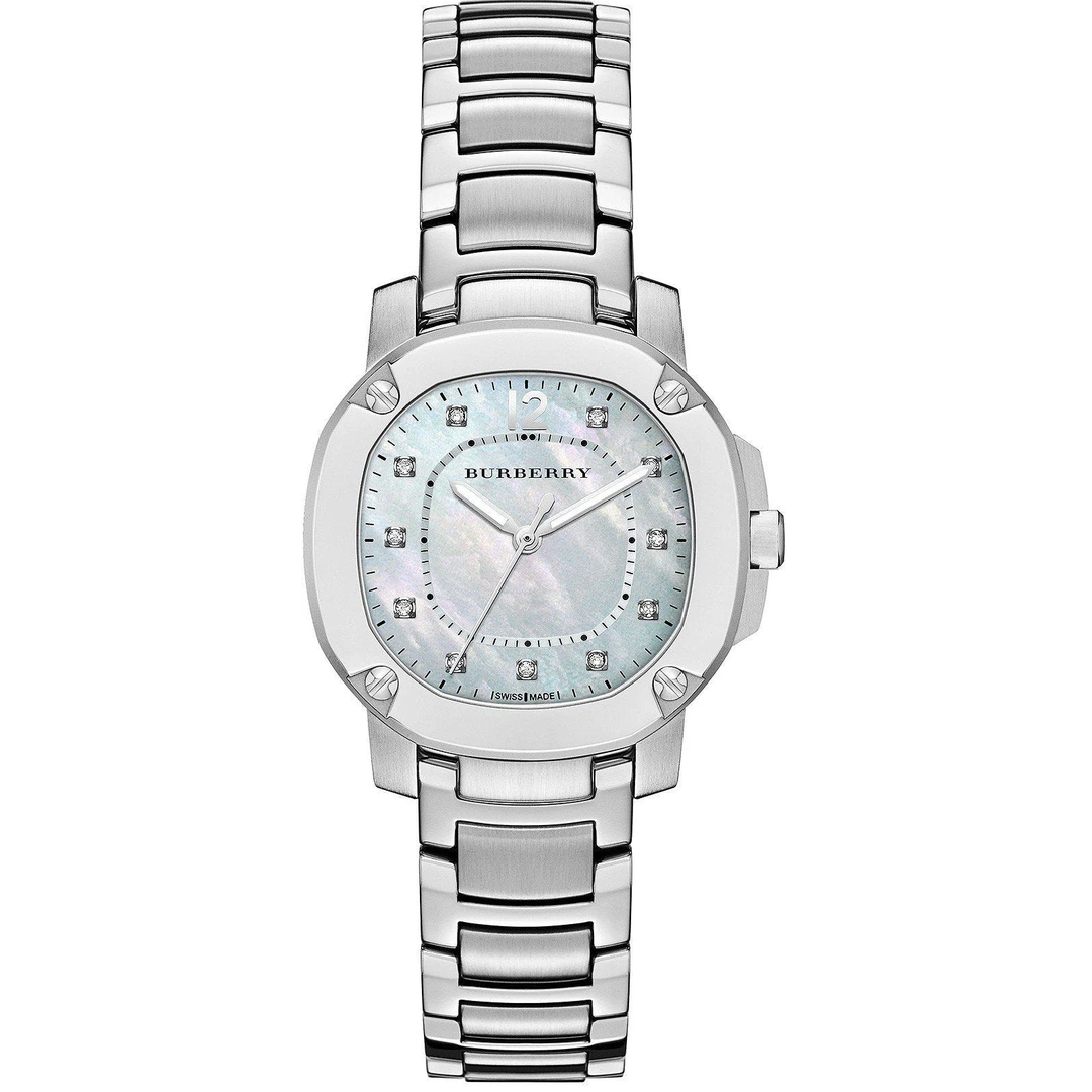 Burberry The Britain Diamonds Mother Of Pearl Dial Silver Steel Strap Watch For Women Bby1804